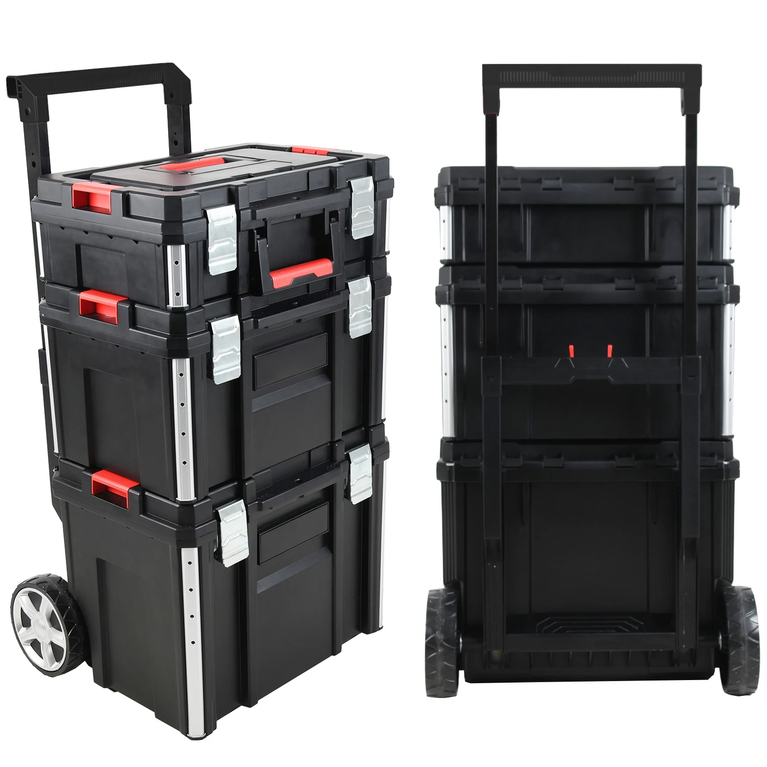 Vertak 3pcs Tool Storage Plastic Roller Stacking Modular Toolbox Set Stackable Tool Box with Wheels
