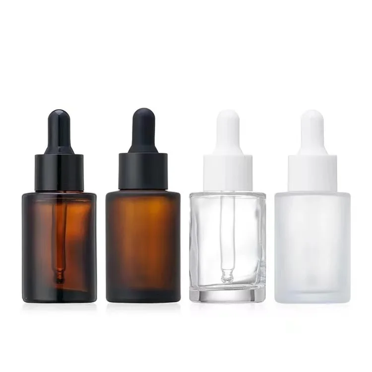 Unique 10ml & 30ml Transparent Amber Glass Bottle Mini Dropper Luxury Flat Design Essential Oil Serum Packaging for Infusion
