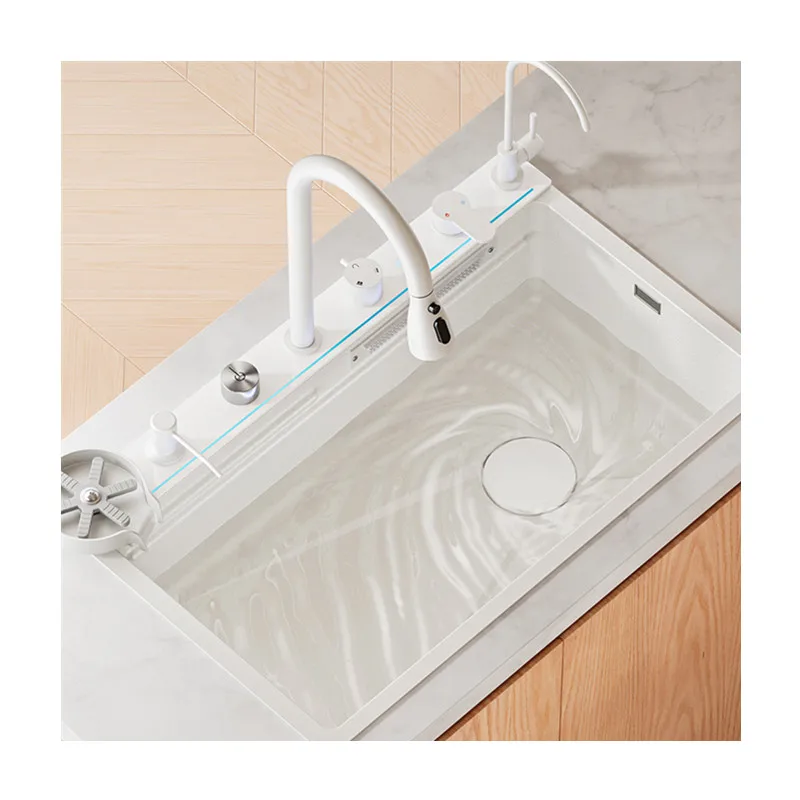 Newest Design DIY Accessories 304 Digital Display Pull Out Tap Waterfall Faucet Multifunctional White  Single Bowl Kitchen Sink