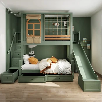 House Bed Bunk Beds with Slide Wood Twin Bunk Bed with Stairs for Kids with Window and Wardrobe for Boys or Girls
