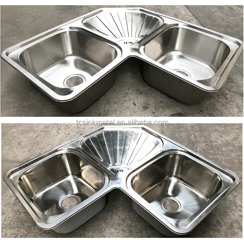 90x90x21cm 201 Stainless Steel Corner Double Bowl Kitchen Sinks with Draining Board