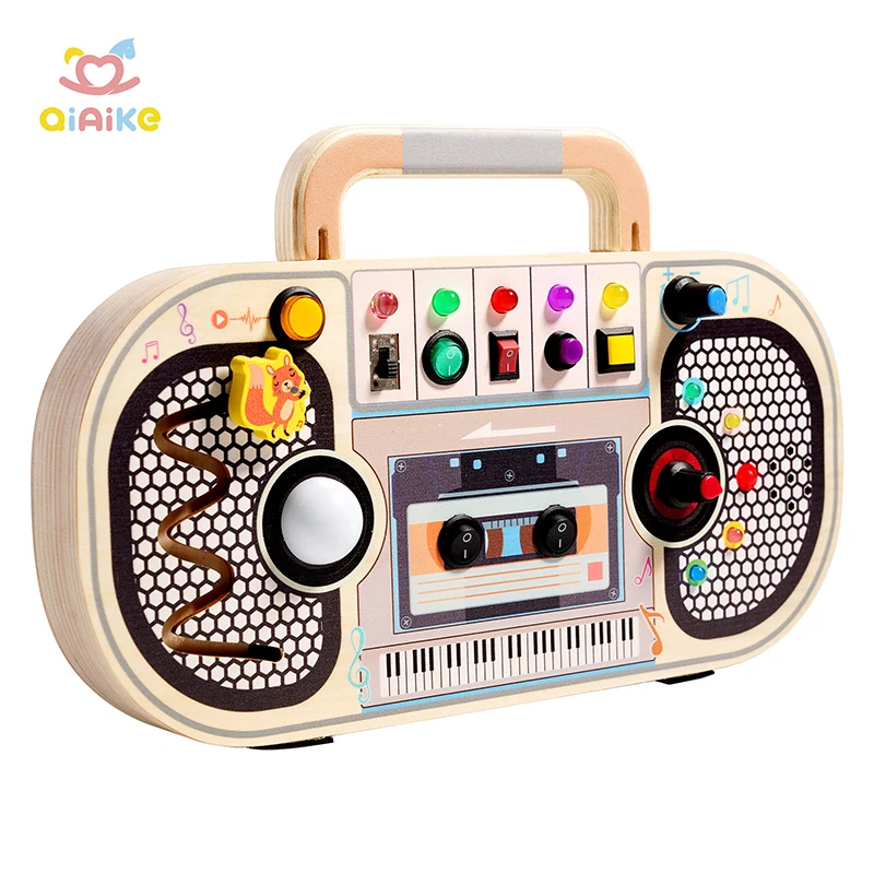 Custom baby sensory wooden recorder busy board with 5 LED light switch toys travel toys for 1+ year old baby and toddler