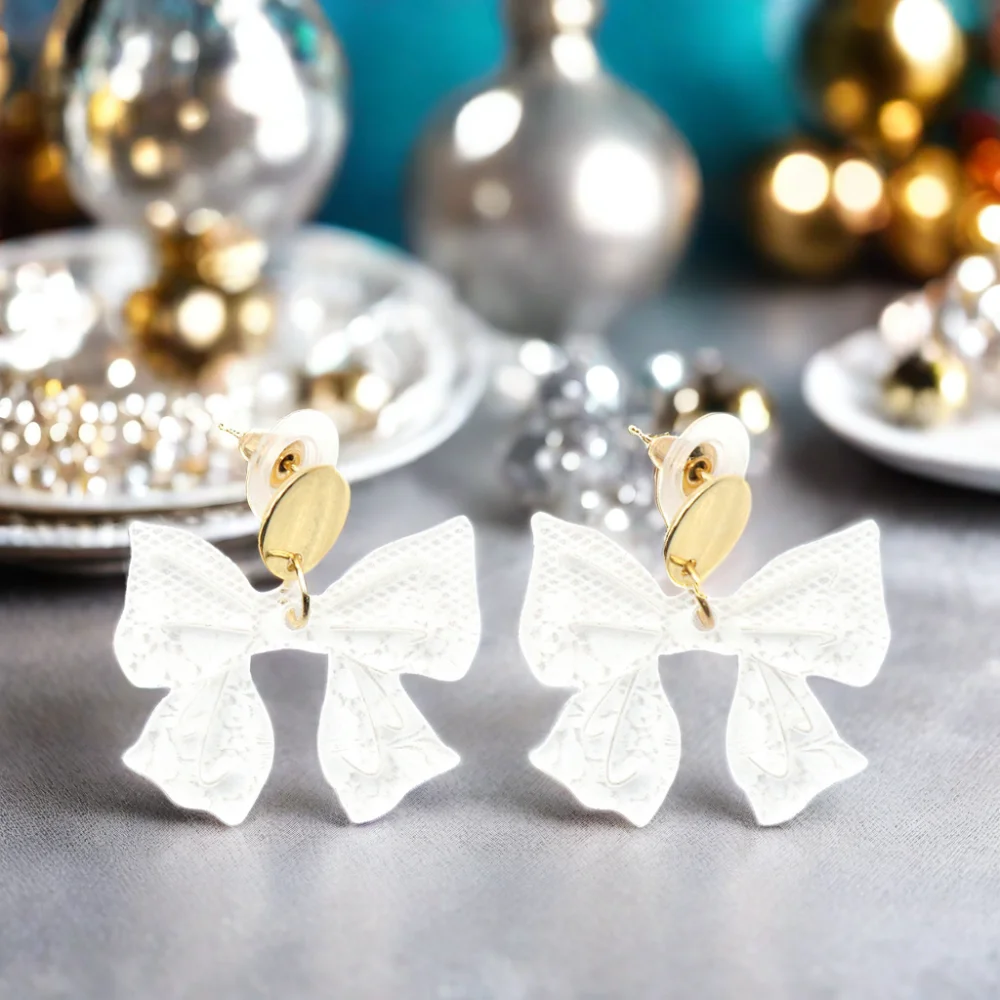 YYX2024ER2385 Cute Acrylic Drop Earrings Transparent White Glitter with Bowknot Lace Silver Pearl Small Style Anniversary Party factory