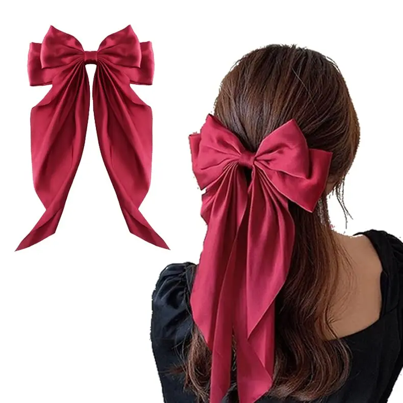Silky Satin Big Hair Bow Clips Barrettes With Long Tail,French Hair ...