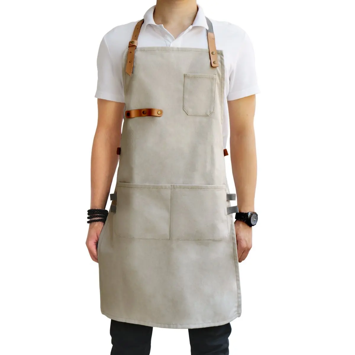 Customs Design Logo White Kitchen Chef Bbq Apron Washed Cotton Canvas
