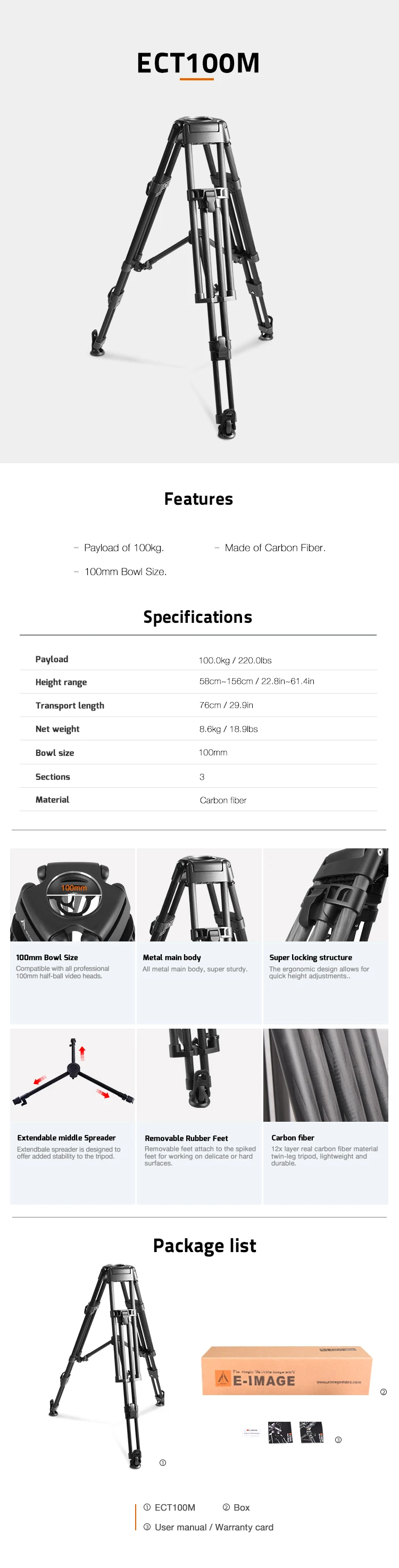 ECT100M with 100mm Bowl Stronger Carbon fiber Heavy Duty Tripod 100.0kg / 220.0l