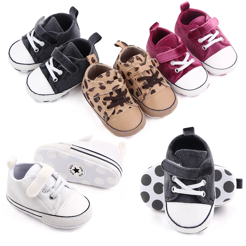 New Arrival Star Dot Canvas Baby Sneakers Shoes Lace up Walking Shoes Soft Sole Slip on House Slippers