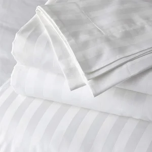 High Quality 100% Cotton Striped 200TC White Queen & King Size Flat Bed Sheet Set Quality Hotel Linen 4-Piece Bedding Set