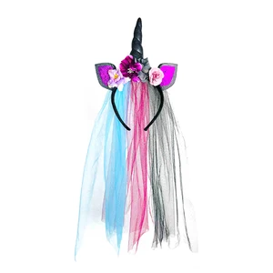 Kids Unicorn Ears Headband Sequin Floral Decoration Tulle Tail Hair Accessory Girls Halloween Christmas Cosplay Medieval Party