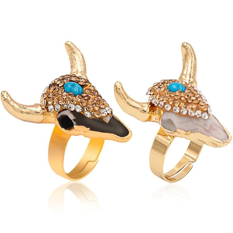 Bull Head Crystal Rings Cow Head Bone Charm Diamond Blue Resin