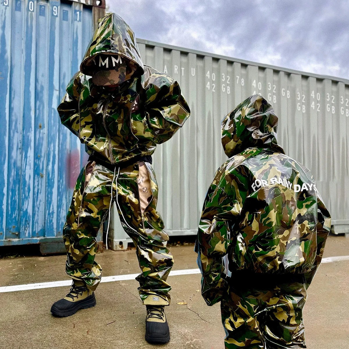 Custom Streetwear Men's Outerwear Set Camouflage Camo Baggy Leather Suits Two Piece Stacked Pant and Hoodie Sweatsuit Tracksuit gallery 7