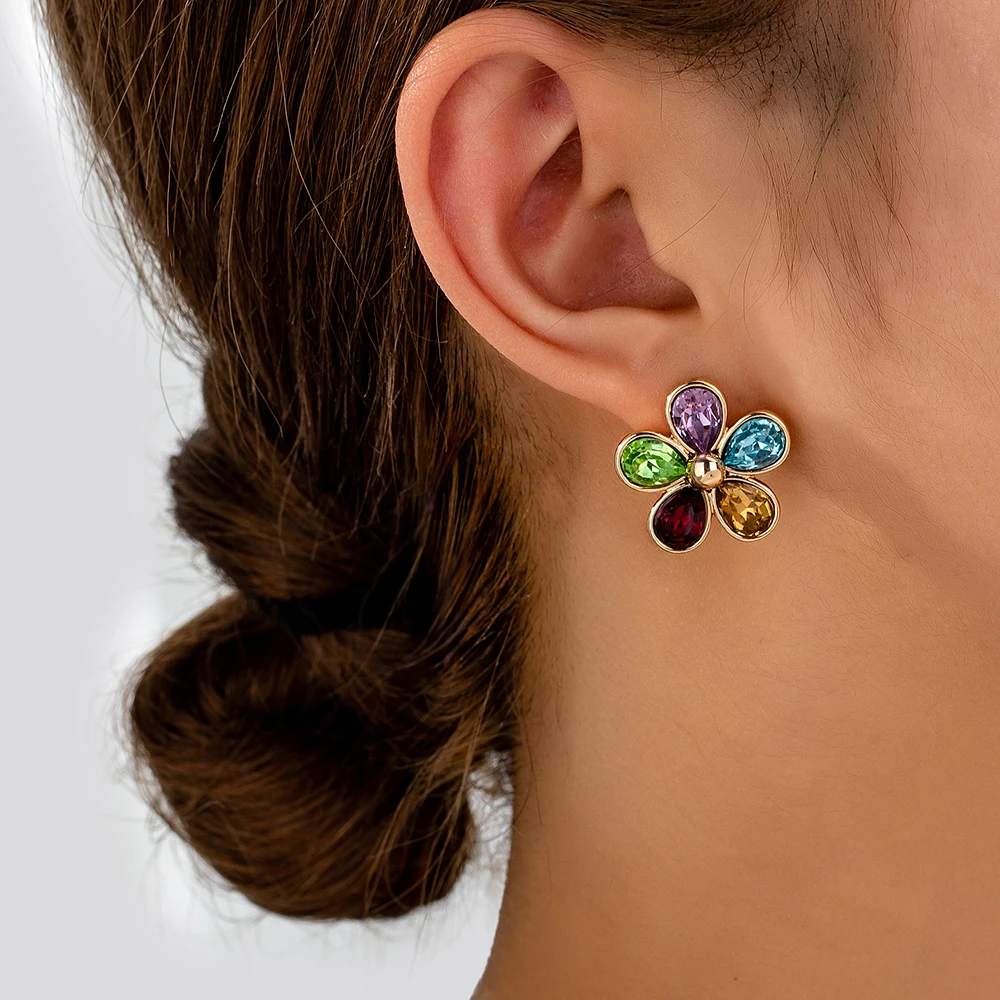 product 2024 hot selling classic style stained glass gold plated flower stud earrings wedding jewelry mainly made of zinc alloy-3