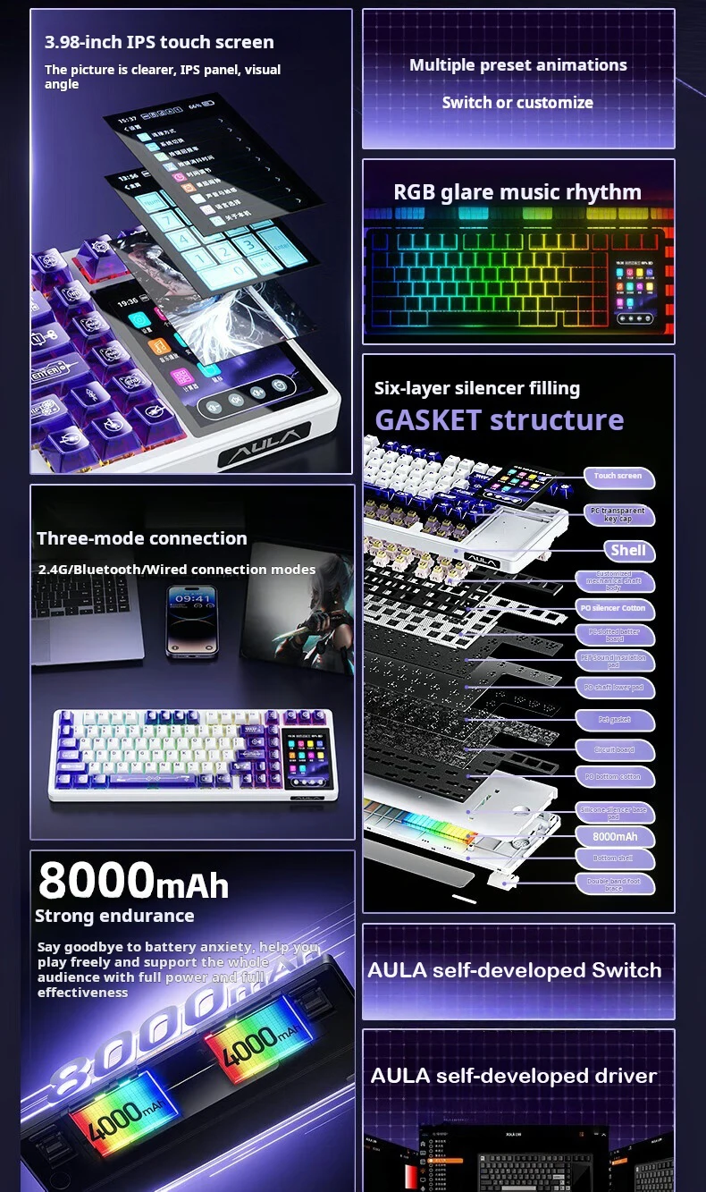 AULA L99 Intelligent Screen Display Gaming Keyboard 8000mAh Wireless ...