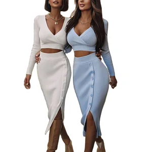 Huili High Quality 2 Piece Set Elegant Stretch Dress Custom Logo Spring Women Maxi Knitted Crochet Crochet Top & Skirt