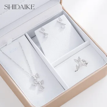 Luxurious Women's Gold Plated Copper Necklace Earrings Rings Set Colorful Diamond Zircon Fashion for Christmas Gifts