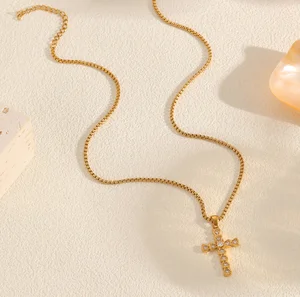 Stainless Steel Trendy Pearl Cross Pendant Necklace with Box Chain Geometric Heart Star Choker