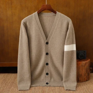 Autumn Winter Men's 100% Pure Cashmere V-Neck Cardigan Jacket Business Casual Fashion Thickened Patchwork Button Plus Zipper