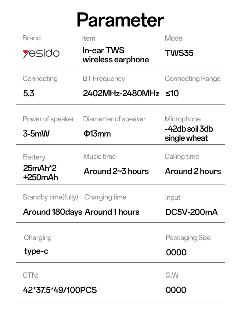 Yesido BT5.3 Wireless Headphone Ultra Good Quality Sound In-ear TWS Wireless Earphone TWS35