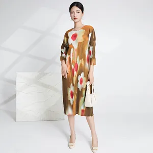 2025 Newest Miyake Pleated Dress Printed Pleated Elastic Loose Women's Dress Casual Style Dress