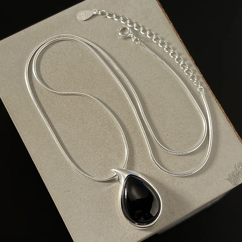 Joyever 925 Sterling Silver Fashion Necklace Big Teardrop Black Agate