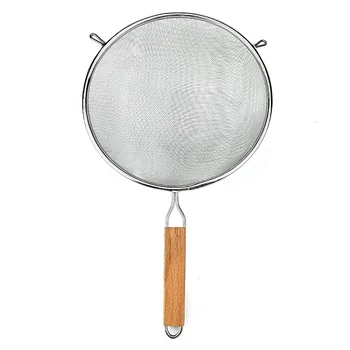 Food safe 22cm Stainless Steel kitchen Skimmer with wooden handle Stainless steel flour sifter