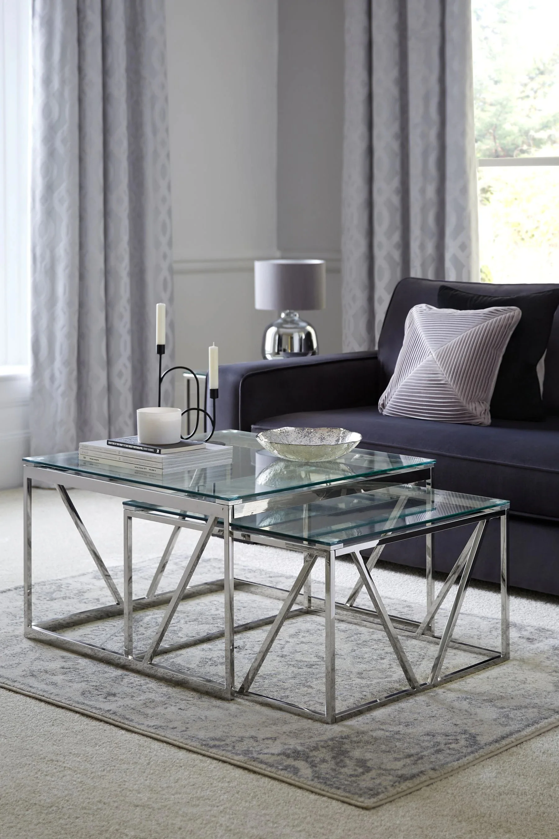 Modern Living Room Coffee Table - Stainless Steel & Tempered Glass