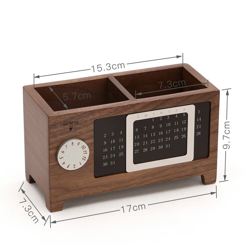 Multi-Function Calender 2 Compartment Dest Caddy Pen Storage Maple Pine Natural Wood Desktop Organizer Pen Holder