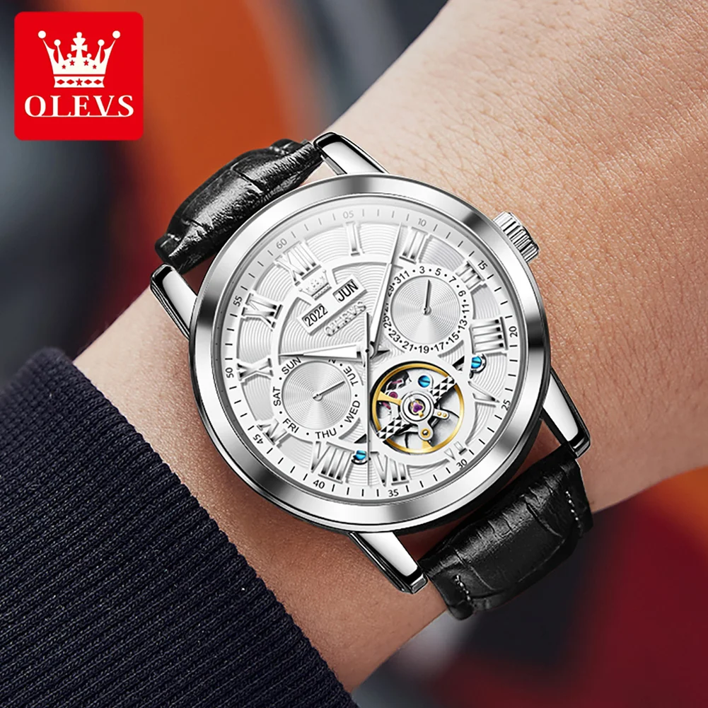 Orologio Uomo OLEVS Meccanico A Carica Automatica - Acciaio Inox, Impermeabile, Quadrante Con Numeri Romani E Fase Lunare