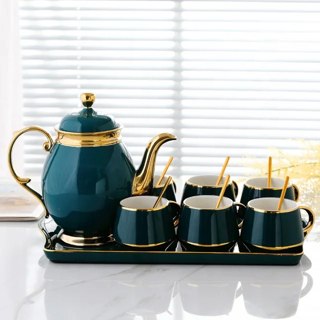 Source Hot Sale Luxury Nordic Green Color Gilding Kitchen Accessories  Ceramic Coffee Tea Sets on m.