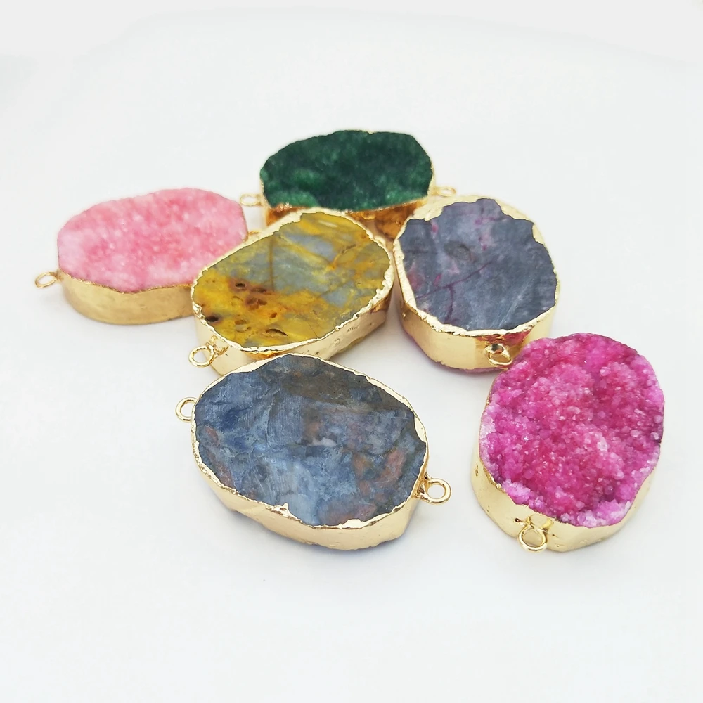 Customized Gold Edge Blue Red Yellow Rose Crystal Double Bails Pendant Free Form Oval Druzy Agate Geode Connector for Bracelet