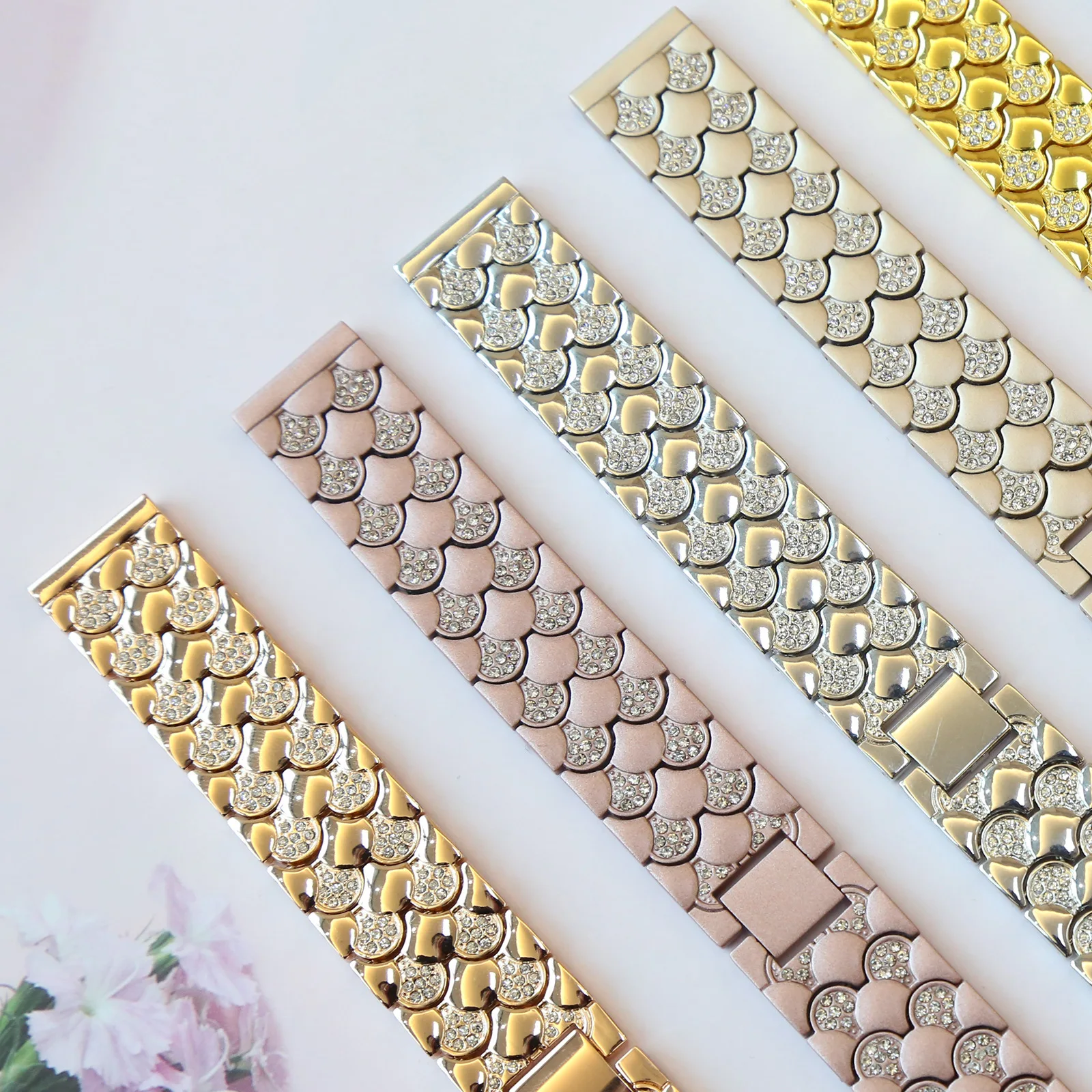 Fish Watch Strap Fish Scale Pattern Double Diamond Metal Stainless Steel Watch Strap ...
