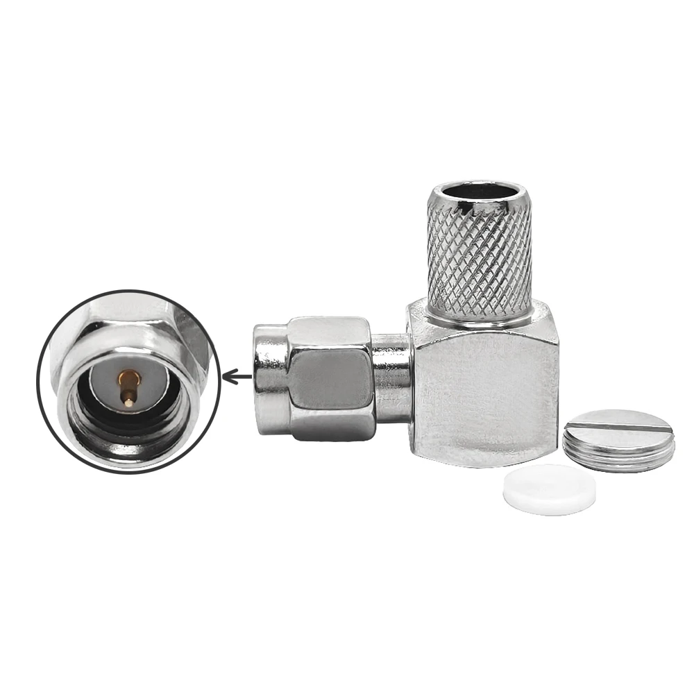 Factory Supply 50 Ohm SMA Male Macho Plug 90 Degrees Right Angled Crimp for LMR300 5D-FB RG6 Cable RF Coaxial Connector in Stock
