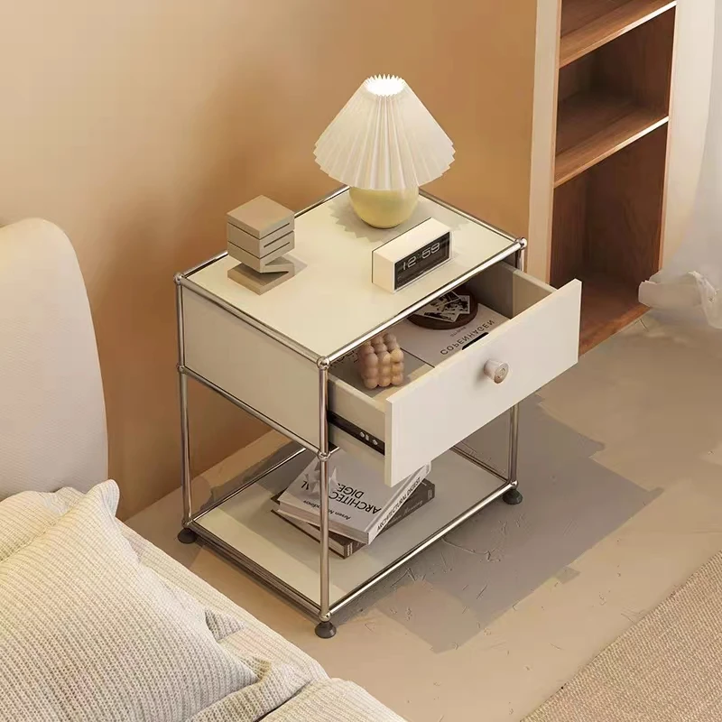 Modern Simple Stainless Steel White Nightstands Modular Metal Bedside Table for Bedroom Hotel Villa Apartment