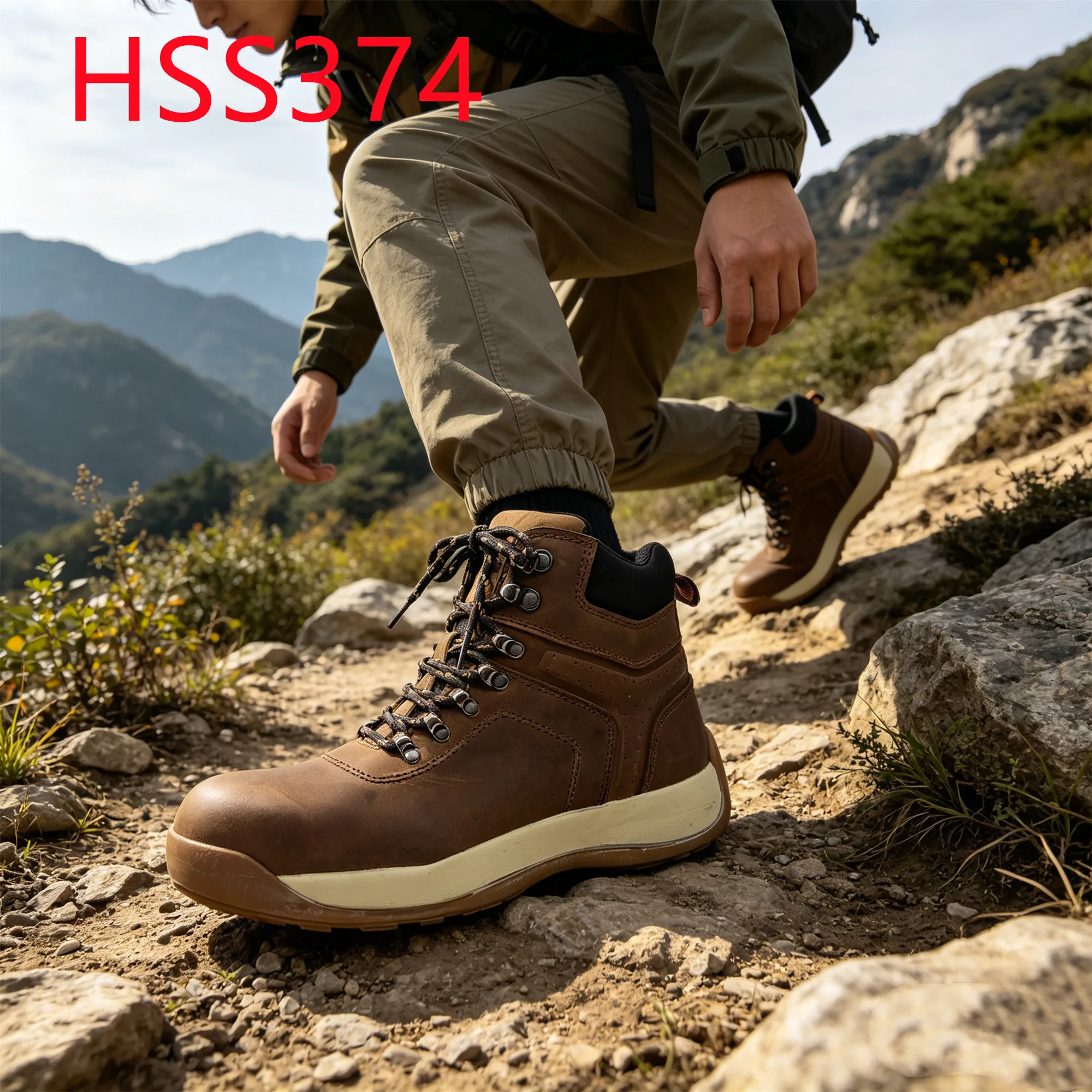 YYR,Versatile Application Crazy Horse Leather Upper Hiking Boots Steep Environments ultra Shock-absorbing Sole Work Shoes HSS374