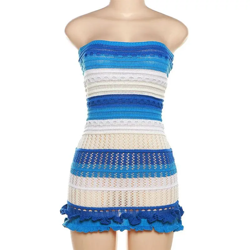 Explosive Models Patchwork Color Sleeveless Tube Knitted Summer Vacation Women Dress Sehe Fashion