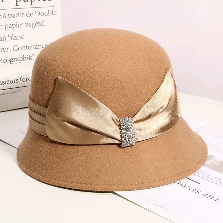 Cloche Hat Women's Winter Church Hats Fashion Chic Women Ladies Girls  Elegant Pink Wool Felt Derby Bowler Church Hats Female Dress Hats Cloche Hat  With Satin Bowknot