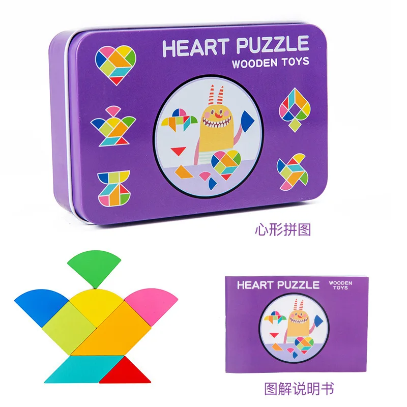 Wooden Tangram Pattern Blocks Jigsaw Puzzle Montessori Puzzle Shape Blocks Tangram Brain Teasers Jigsaw Early Learning Game