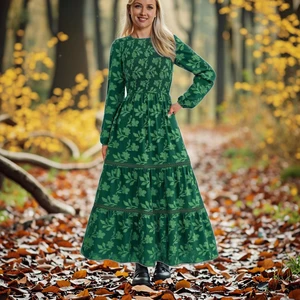 2025 Fall Women's Elegant Modest Floral Boho Midi Dress Long Sleeve Chiffon Casual Wedding Dress Natural Smocked Flowy Washable