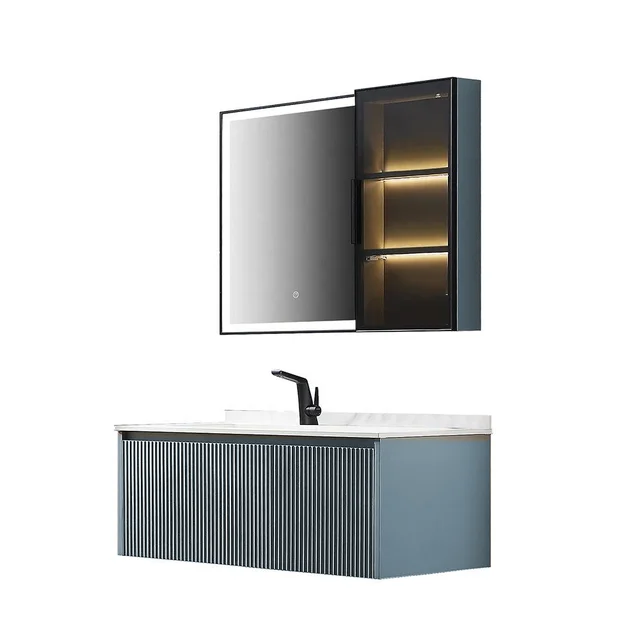 Washroom modern bathroom vanity bathroom cabinet sets with LED mirror and ambient lighting from manufacturer