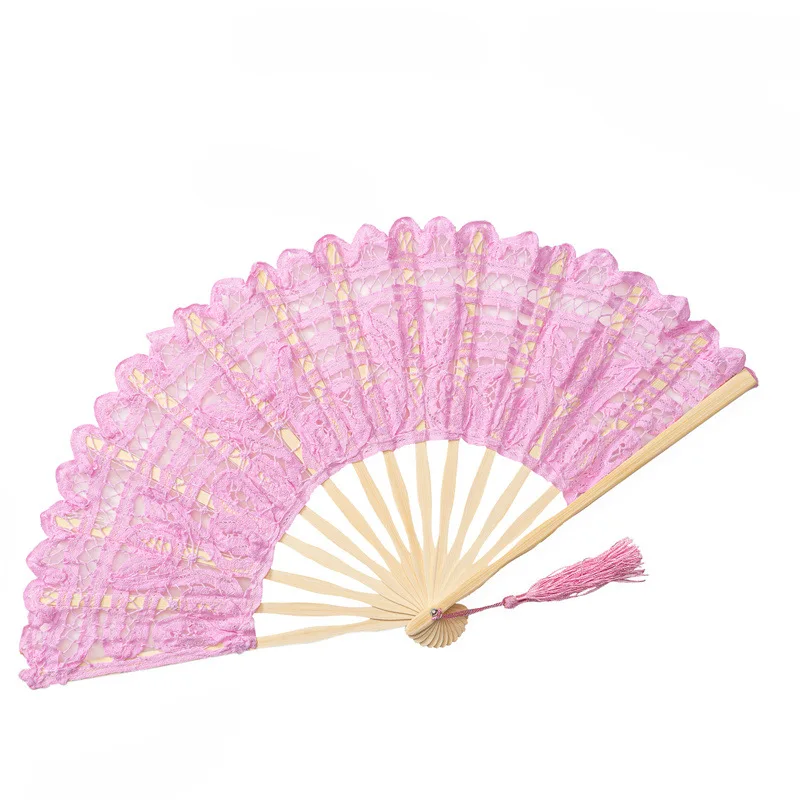 Lace Cotton Folding Hand Fan Embroidered Bridal Fan With Bamboo Staves