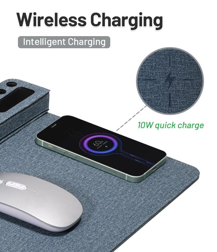 Custom Pu Leather Wireless Charging Mouse Pad With Usb Hub Pen Phone