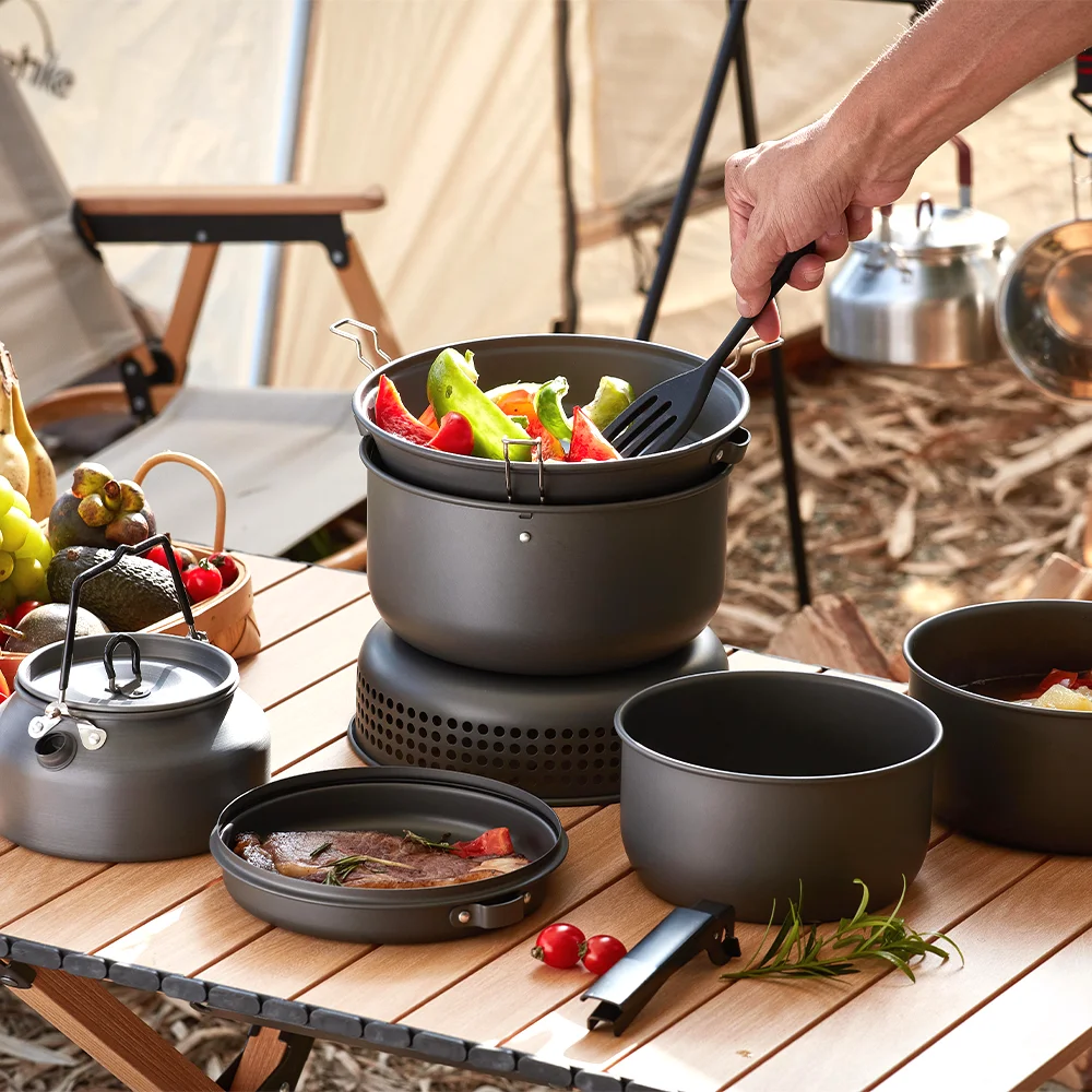 Ensemble de Poêle et Casserole de Camping en Aluminium Dur Anodisé en Gros Ustensiles de Cuisine de Camping Ensemble de Repas Pliable  