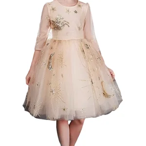 Hot Selling Summer Sequined Unicorn Tulle Girl Dresses Long Sleeve Ball Grown Puff Flower Kids Dresses