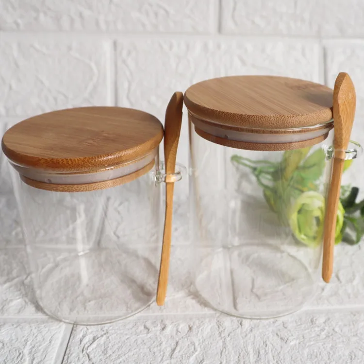 Glass Storage Container with Bamboo Lids and Spoon Kitchen Condiment Glass Ware Airtight Food Storage Container Jars