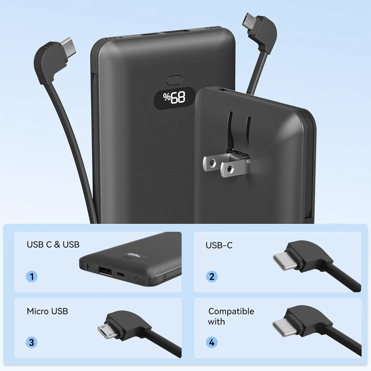 Built-in 3 Cables Power Bank 10000mAh Black White PD20W Fast Charger Digital Display Portable Charger for iPhone Android PB180P