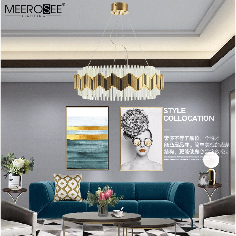 MEEROSEE Luxury Round Gold Crystal Pendant Light Modern Round Crystal Chandelier Lamp for Villa Hotel MD86720