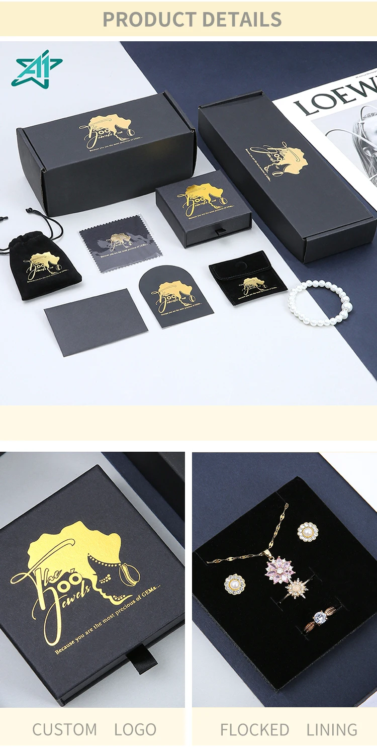 A1 Premium Black Ring Necklace Cardboard Jewelry Gift Box with Wood Lining Custom Size OEM Jewelry Box Organizer Bag details