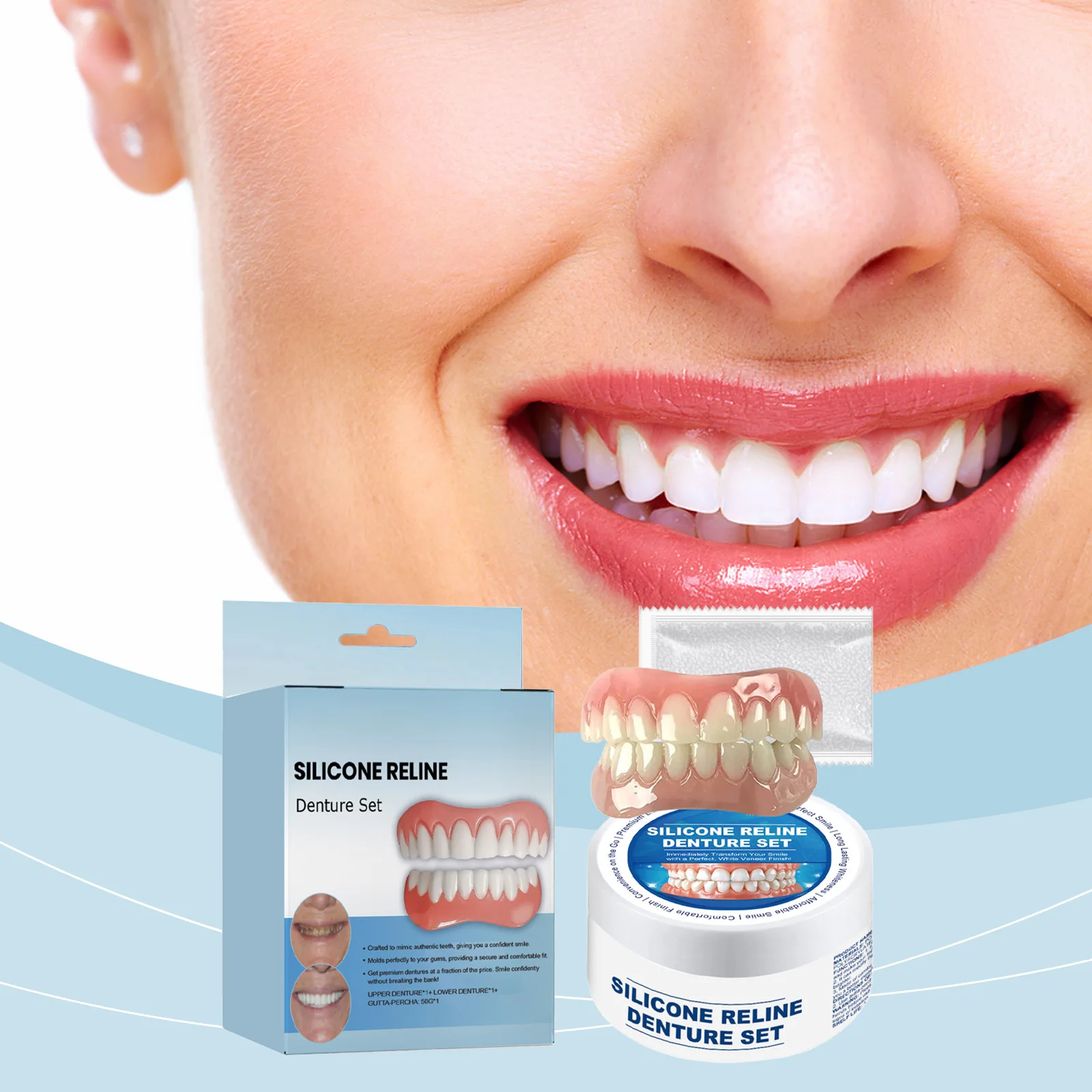 Hot Selling for Various Teeth to Enhance Smile Aesthetics Comfortable Installation Convenient Silicone Reline Denture Set
