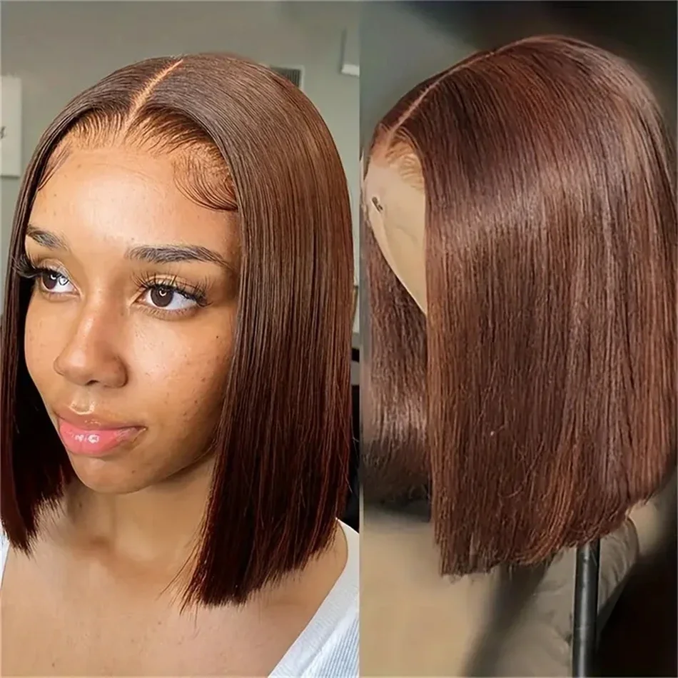 Parrucca Bob Liscia Castano Scuro Bob Brasiliana Remy Capelli Umani Parrucche Frontali in Pizzo 210% Alta Densità per Donne_voghion.com