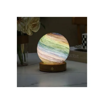 Bedroom lamp decoration room lighting LED rechargeable touch wooden base starry sky glass lampshade cool planet night light